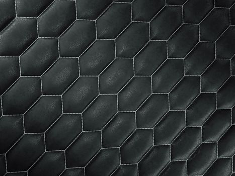 Leather stitched hexagon or honecomb black shiny texture or background with bumps. 3d render, 3d illustration