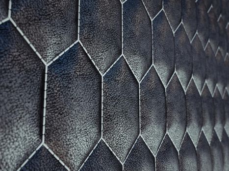 Leather stitched hexagon or honecomb black shiny texture or background with bumps. 3d render, 3d illustration