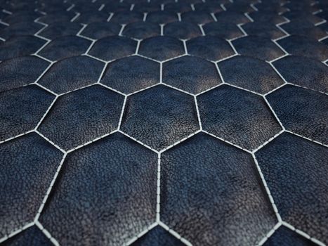 Leather stitched hexagon or honecomb blue shiny texture or background with bumps. 3d render, 3d illustration