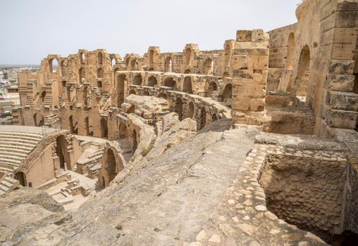 Remains of Roman amphitheater in El Djem in Tunisia, Africa