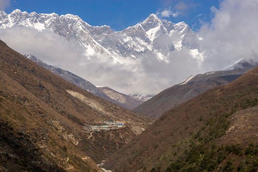 Everest summit, Lhotse and village in Himalayas. Everest base camp trek in Nepal