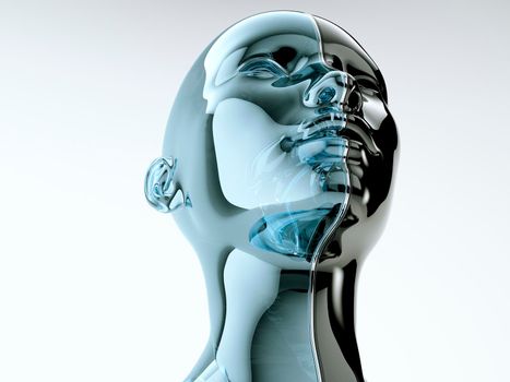 Black and blue glass human head separated by line as symbol of balance and diversity. 3d render, illustraion