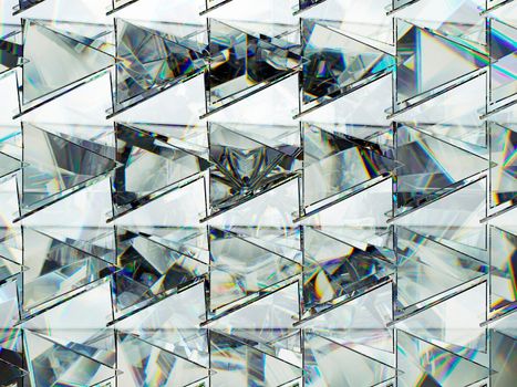 Triangles with diamond structure extreme closeup and kaleidoscope. top view of round gemstone 3d render, 3d illustration