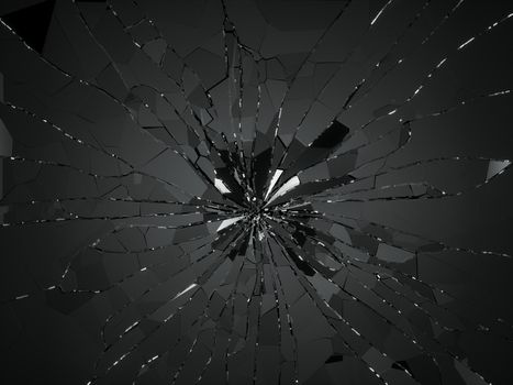 Bullet hole and pieces of shattered or smashed glass. 3d rendering 3d illustration