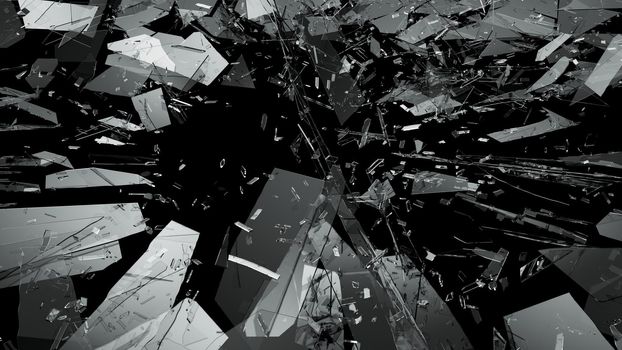 Pieces of Broken or Shattered glass on black. 3d rendering 3d illustration