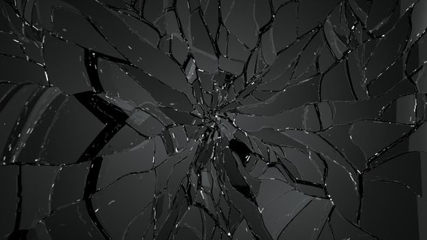 Shattered or demolished glass over black. high resolution 3d illustration, 3d rendering