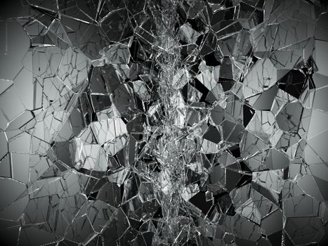 Shattered or demolished glass over black. 3d rendering 3d illustration