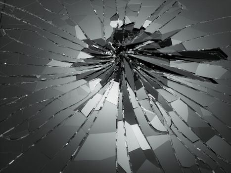 Shattered or demolished glass over black. 3d rendering 3d illustration