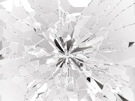 Shattered or demolished glass over white background. 3d rendering 3d illustration