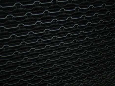 Ventilation radiator grille closeup background texture. Wavy Pattern, Metallic black Aluminium Material and Reflections. 3d rendering, 3d illustration