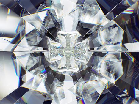 diamond structure extreme closeup and kaleidoscope. top view of round gemstone 3d render, 3d illustration