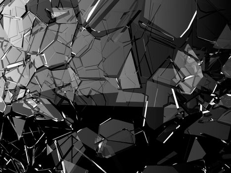 Pieces of glass shattered or cracked on black, 3d illustration; 3d rendering