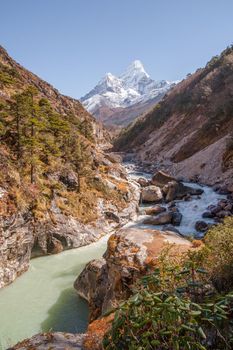 Ama Dablam summit in Himalayas. Everest base camp trek. Trekking in Nepal