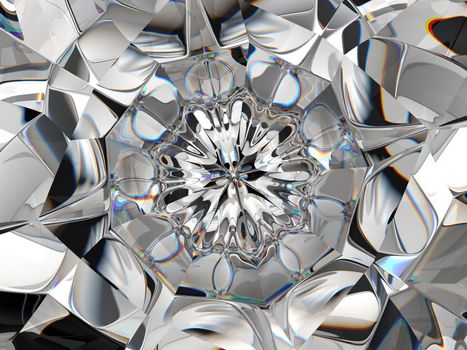 Abstract diamond structure extreme closeup and kaleidoscope. top view of round gemstone 3d render, 3d illustration