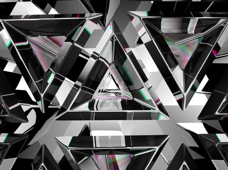 Gemstone diamond or shiny glass triangular texture kaleidoscope background. 3d render, 3d illustration