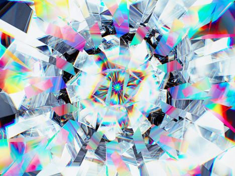 diamond structure extreme closeup and kaleidoscope. top view of round gemstone 3d render, 3d illustration