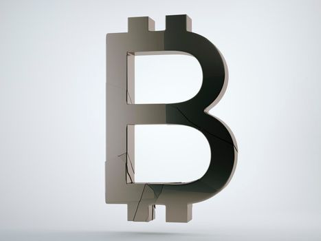 Black bitcoin symbol with cracks on grey background. 3d render, 3d animation