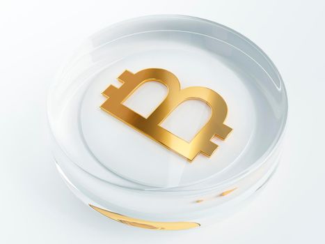 bitcoin cryptocurrency golden symbol covered with transparent glass or plastic 3d render, 3d illustration