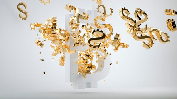 Bitcoin devaluation symbol and shattered golden dollar currency symbols. 3d render, 3d illustration