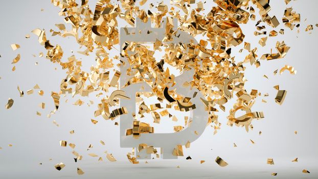 Bitcoin devaluation symbol and shattered golden dollar currency symbols. 3d render, 3d illustration