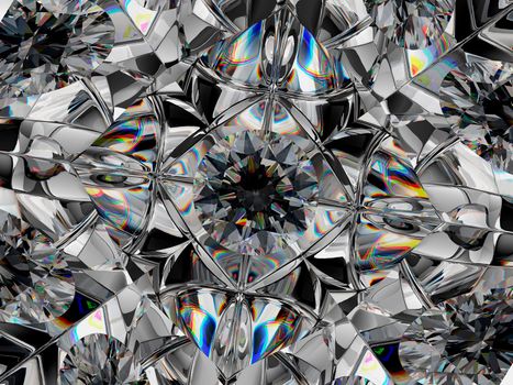 diamond closeup pattern and kaleidoscope effect. top view of round gemstone 3d render, 3d illustration