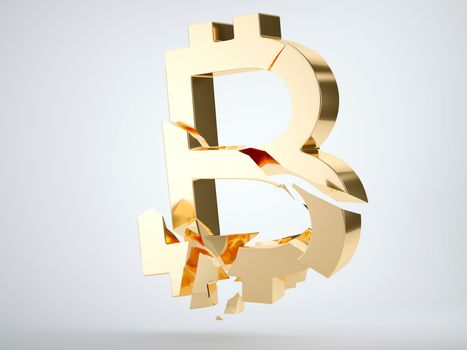 Golden bitcoin symbol shattered and broken on grey background. 3d render, 3d animation