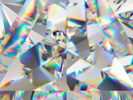 Precious diamond structure extreme closeup and kaleidoscope. top view of round gemstone 3d render, 3d illustration