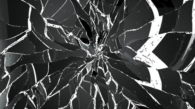 Pieces of demolished or Shattered glass isolated on white. Large resolution