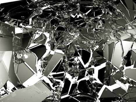 Sharp Pieces of shattered black glass isolated on white. Large resolution