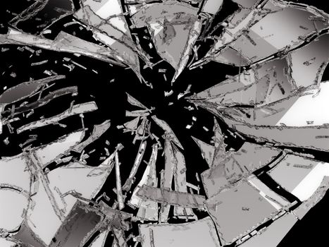 Broken and damaged glass isolated on black background
