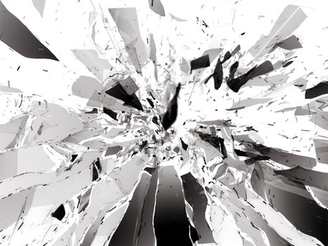 Broken shattered glass pieces isolated on white