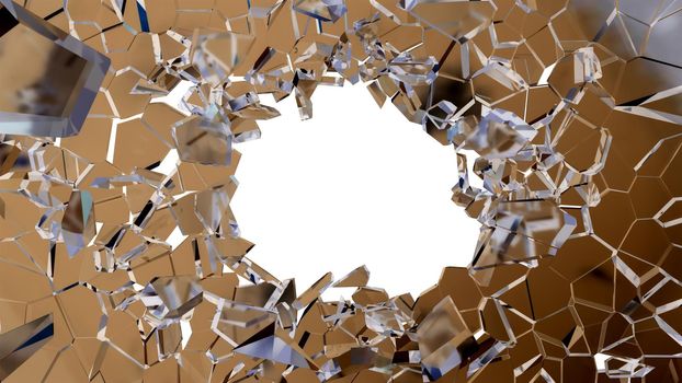 Bullet hole and pieces of shattered glass on white