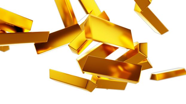 Gold bars or bullions flow isolated on white. Wealth and success