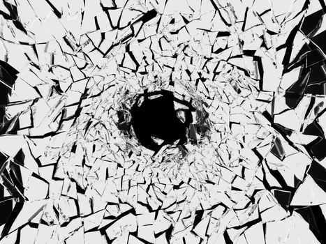 Shattered white glass pattern and hole on black background