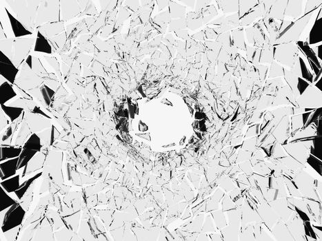 Shattered white glass: sharp Pieces and hole over white background