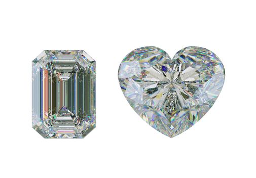 Emerald cut diamond and heart shape gemstone isolated on white. 3d illustration, 3d rendering