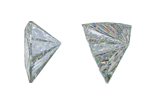 Side view of trillion cut diamond or gemstone on white. 3d rendering, 3d illustration