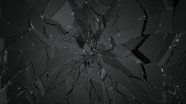 Shattered glass sharp Pieces on black. high resolution 3d illustration, 3d rendering