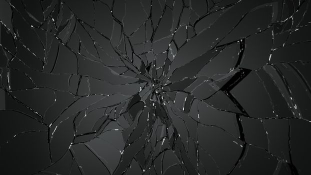 Shattered or demolished glass over black background. high resolution 3d illustration, 3d rendering