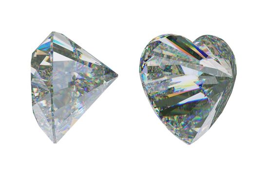 Side views of Large heart shape cut diamond or gemstone on white. 3d rendering, 3d illustration