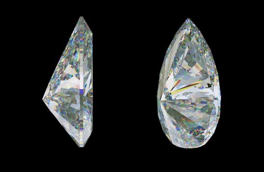 Side views of pear cut gemstone or diamond on black. 3d rendering, 3d illustration