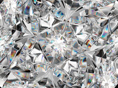 diamond closeup pattern and kaleidoscope effect. top view of round gemstone 3d render, 3d illustration