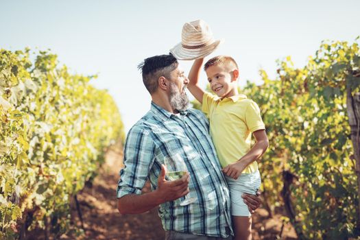 Beautiful smiling father and his cute son having fun at a vineyard.