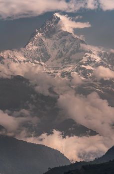 Machapuchare or Fishtail sacred summit in the Himalayas. Tourism and treking in Nepal