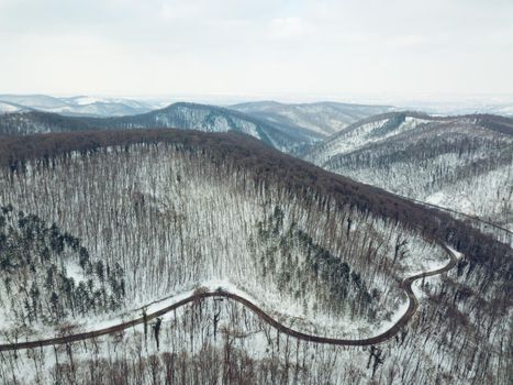 Drone aerial top view of a road going through forest with snow.