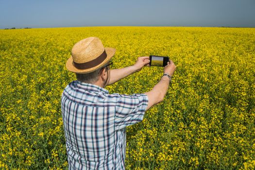 Proud senior farmer is standing in his rapeseed field and taking pictures of his plantation.