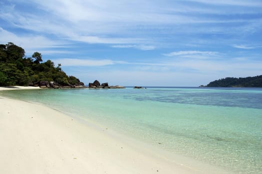 Sand, blue water, green trees on the island. And a blue sky.