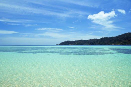 The coastal water green with sky blue coral islands.