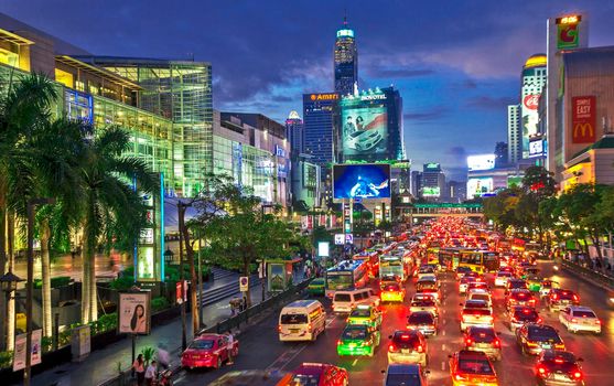 Bangkok - July 1: Road with traffic jams. Area in front Central World. Economic center of Bangkok., Thailand on July 1, 2013.