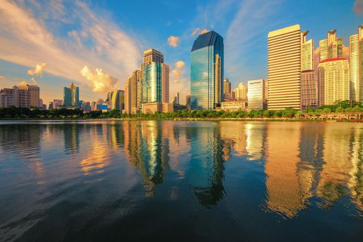 Bangkok lake cityscape skyline in beautiful evening light
